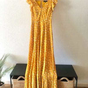 Lulus Fresh Picked Mustard Yellow Floral Print Backless Maxi Dress Size S